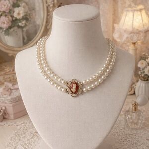 Vintage Elegant Faux Pearl, Two Strand Cameo Pendant, Choker Necklace
